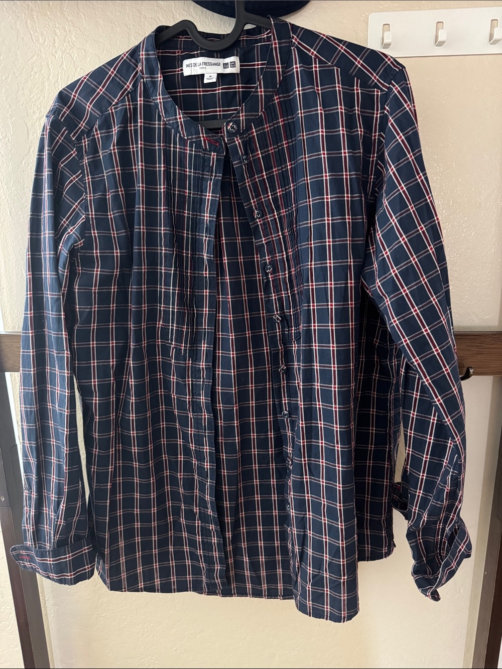 Navy Plaid Button-Down Shirt with Red Windowpane